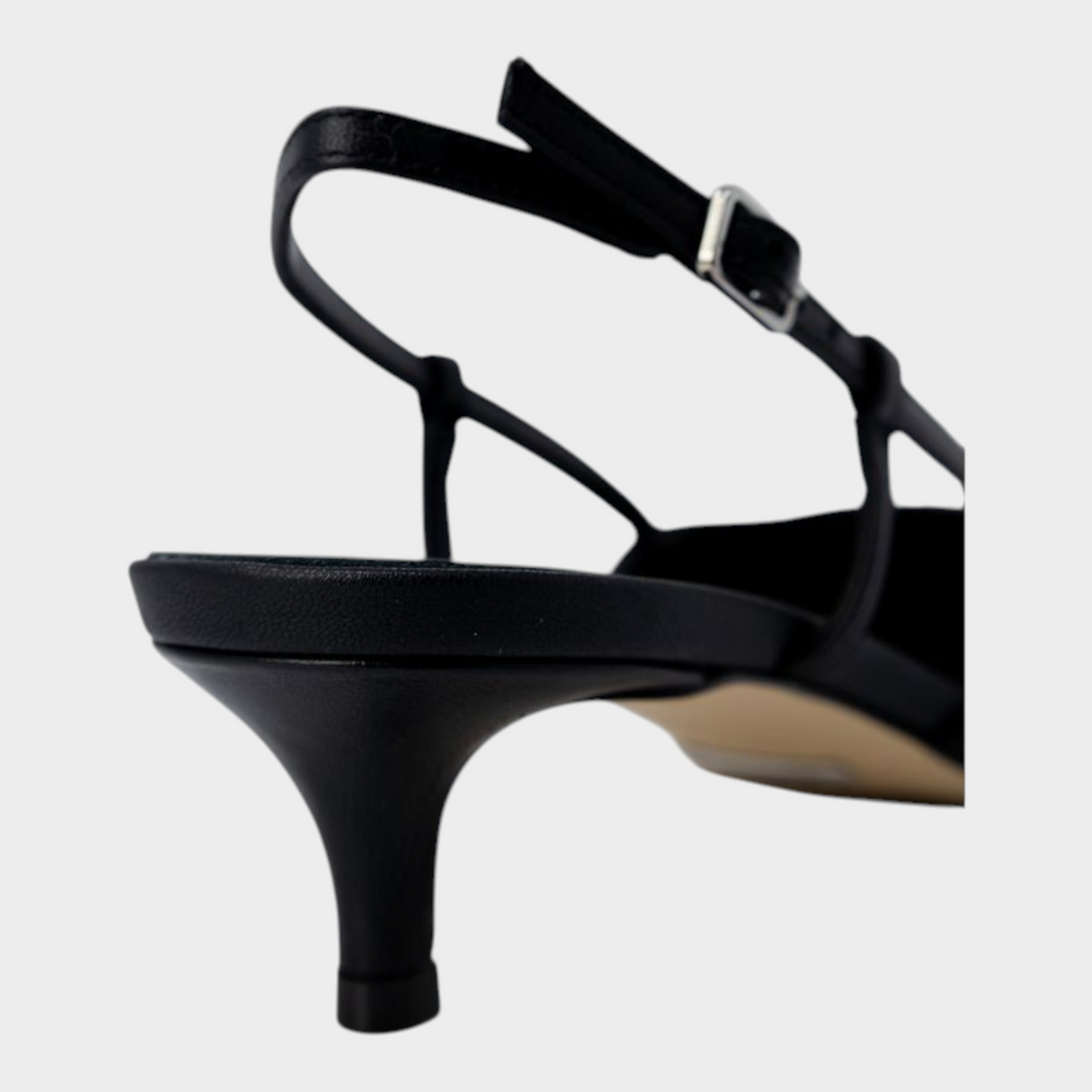 Esmire & Co black polyester slingback pumps with a low kitten heel and adjustable buckle strap