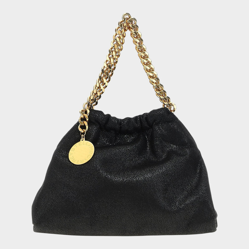 Esmire & Co black Stella McCartney Falabella crossbody bag in vegan Shaggy Deer fabric with gold chain strap