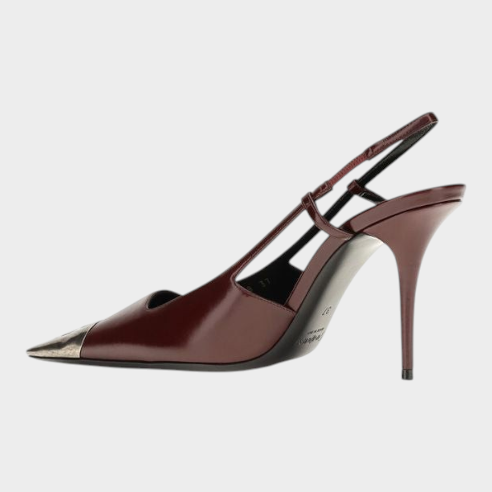 Esmire & Co Saint Laurent bordeaux calf leather slingback pumps with a metallic square toe and stiletto heel.