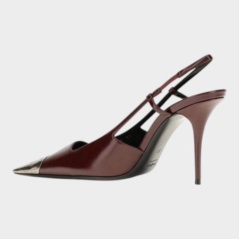 Esmire & Co Saint Laurent bordeaux calf leather slingback pumps with a metallic square toe and stiletto heel.