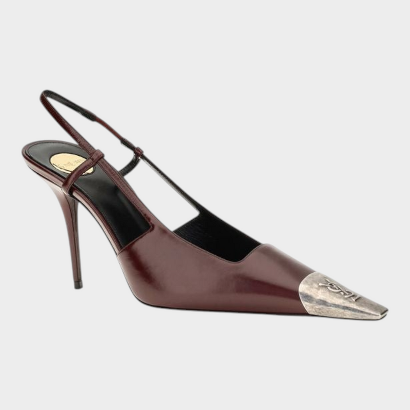 Esmire & Co Saint Laurent bordeaux calf leather slingback pumps with a metal toe and stiletto heel.