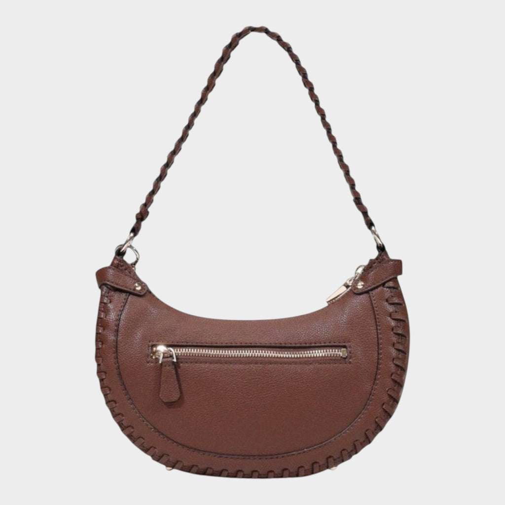 Esmire & Co brown faux leather shoulder bag with a braided handle, zip closure, and decorative edge stitching.