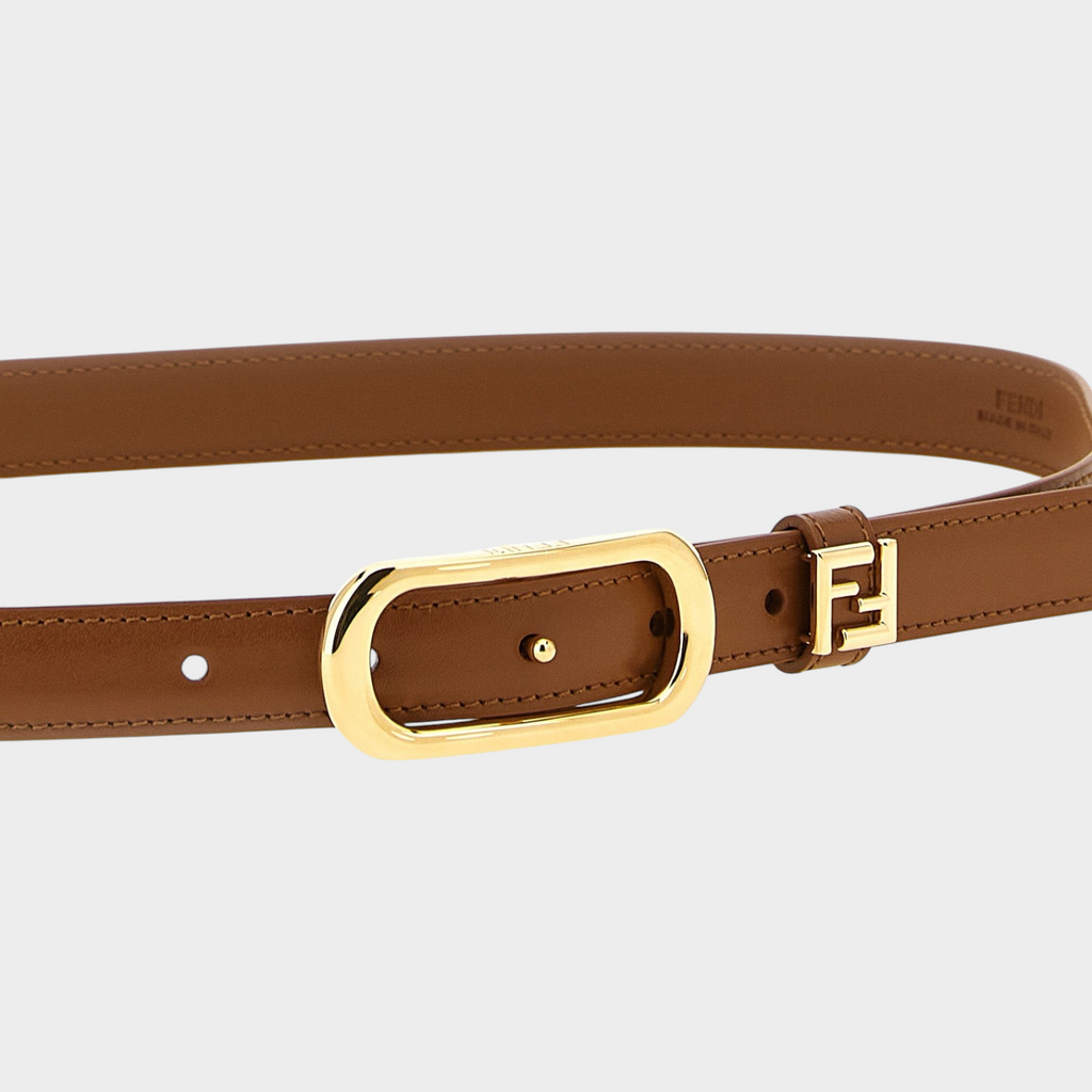 Esmire & Co brown calfskin leather Fendi belt with a gold oval buckle and FF logo loop detail.