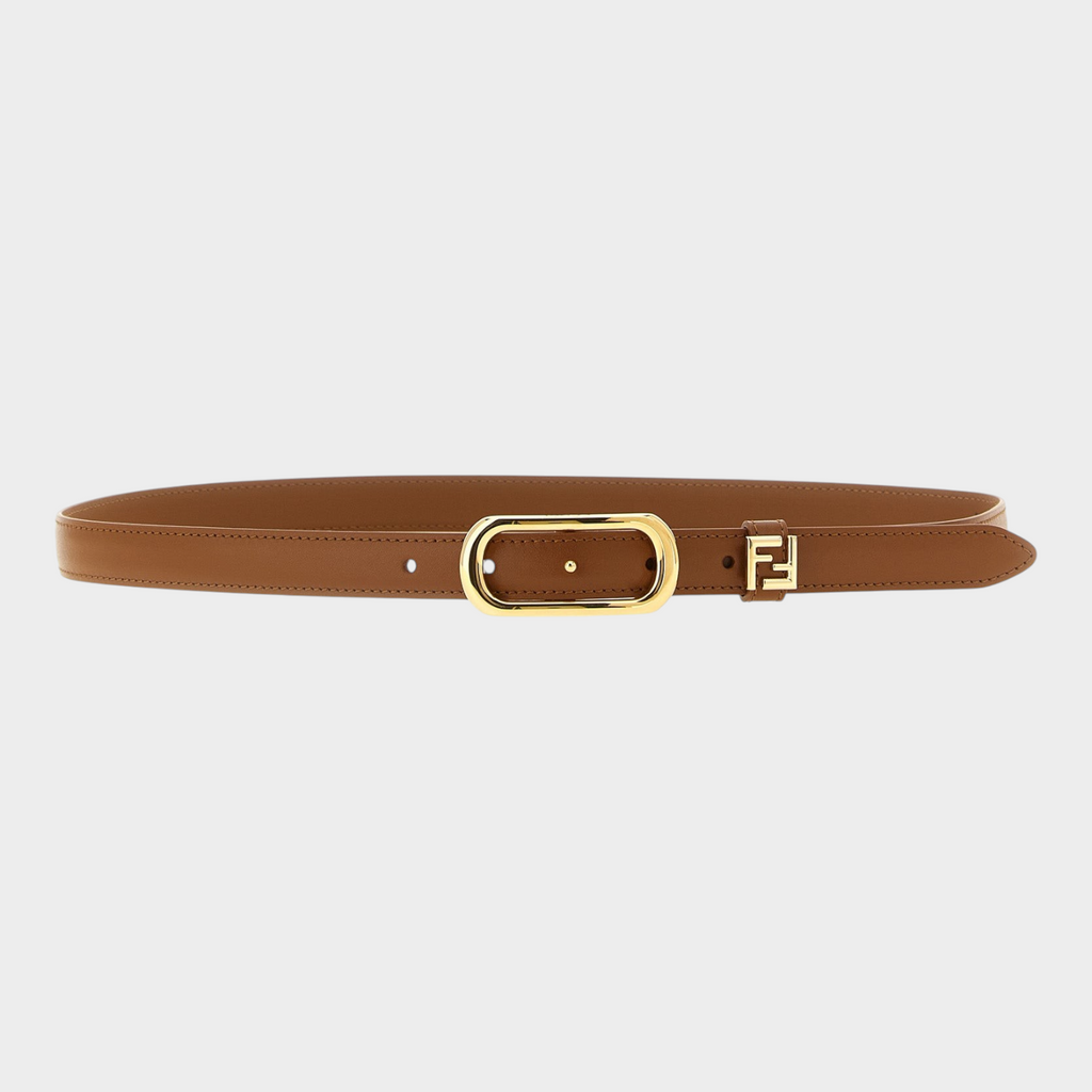 Esmire & Co brown calfskin leather belt featuring a gold oval buckle and FF logo loop, handcrafted in Italy.