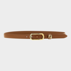 Esmire & Co brown calfskin leather belt featuring a gold oval buckle and FF logo loop, handcrafted in Italy.