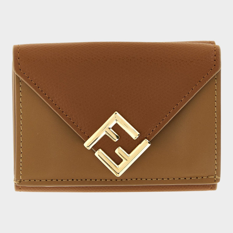 Esmire & Co brown calfskin leather trifold wallet with a gold FF logo and envelope flap design.