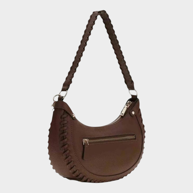 Esmire & Co brown GUESS Lucci shoulder bag with a braided handle and edge detailing on a rounded silhouette.