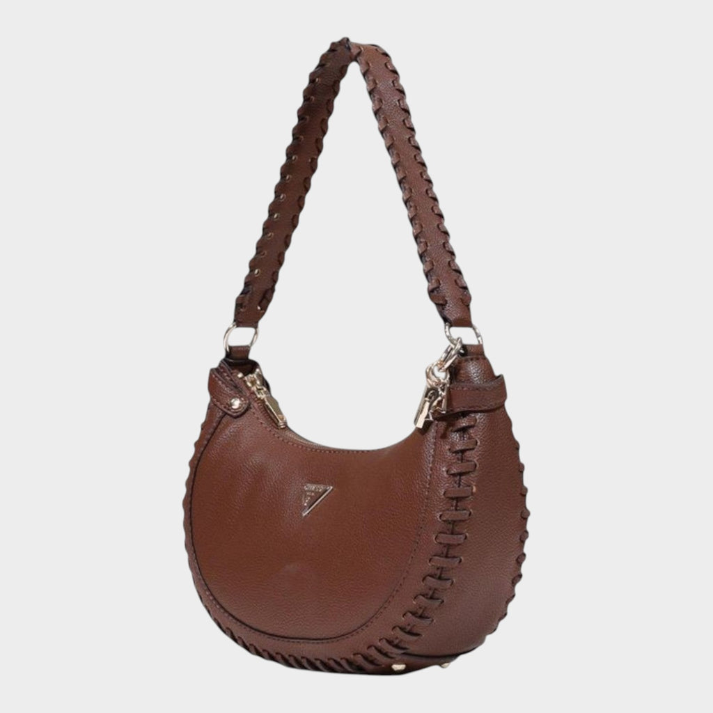 Esmire & Co brown GUESS Lucci small shoulder bag with braided edge detailing and a metal triangle logo on the front.