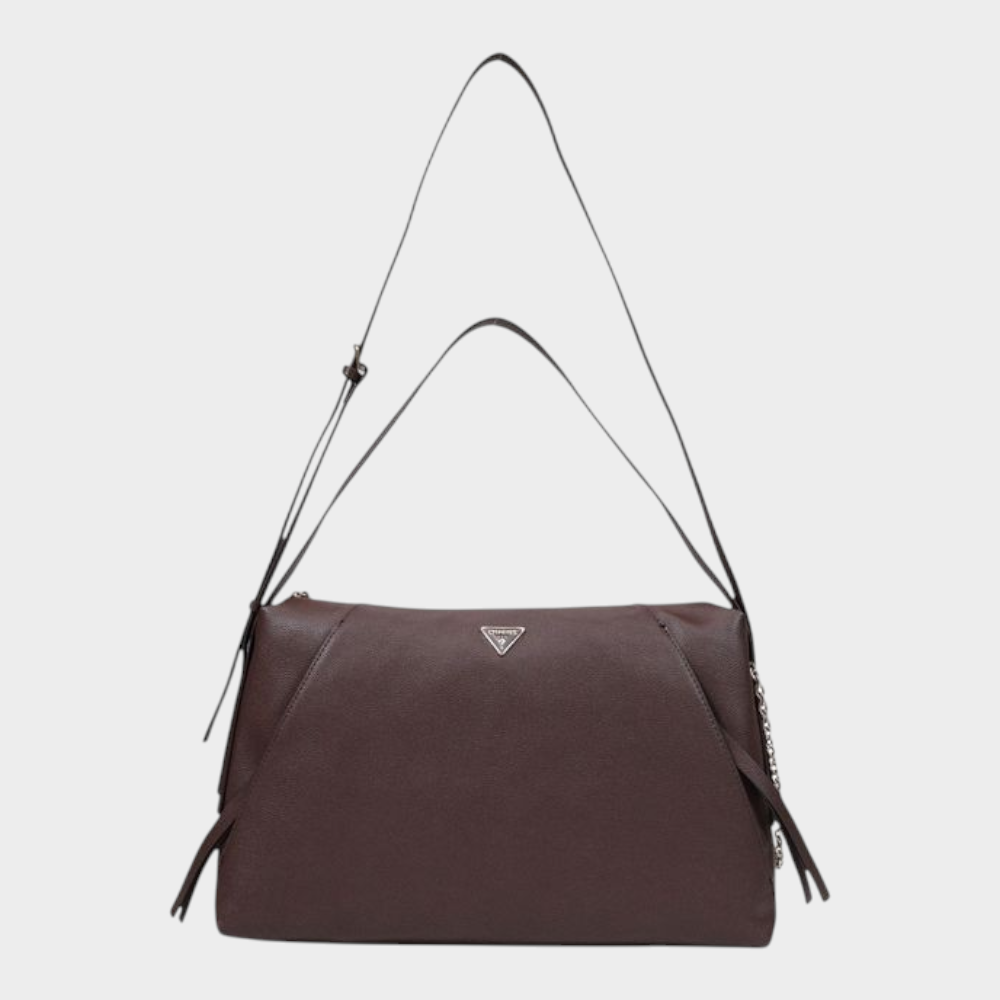 Esmire & Co brown Guess Lucci girlfriend satchel handbag with metallic logo, side chain detail, and shoulder strap.