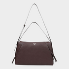 Esmire & Co brown Guess Lucci girlfriend satchel handbag with metallic logo, side chain detail, and shoulder strap.