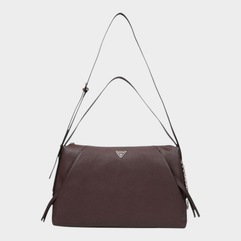 Esmire & Co brown Guess Lucci girlfriend satchel handbag with metallic logo, side chain detail, and shoulder strap.