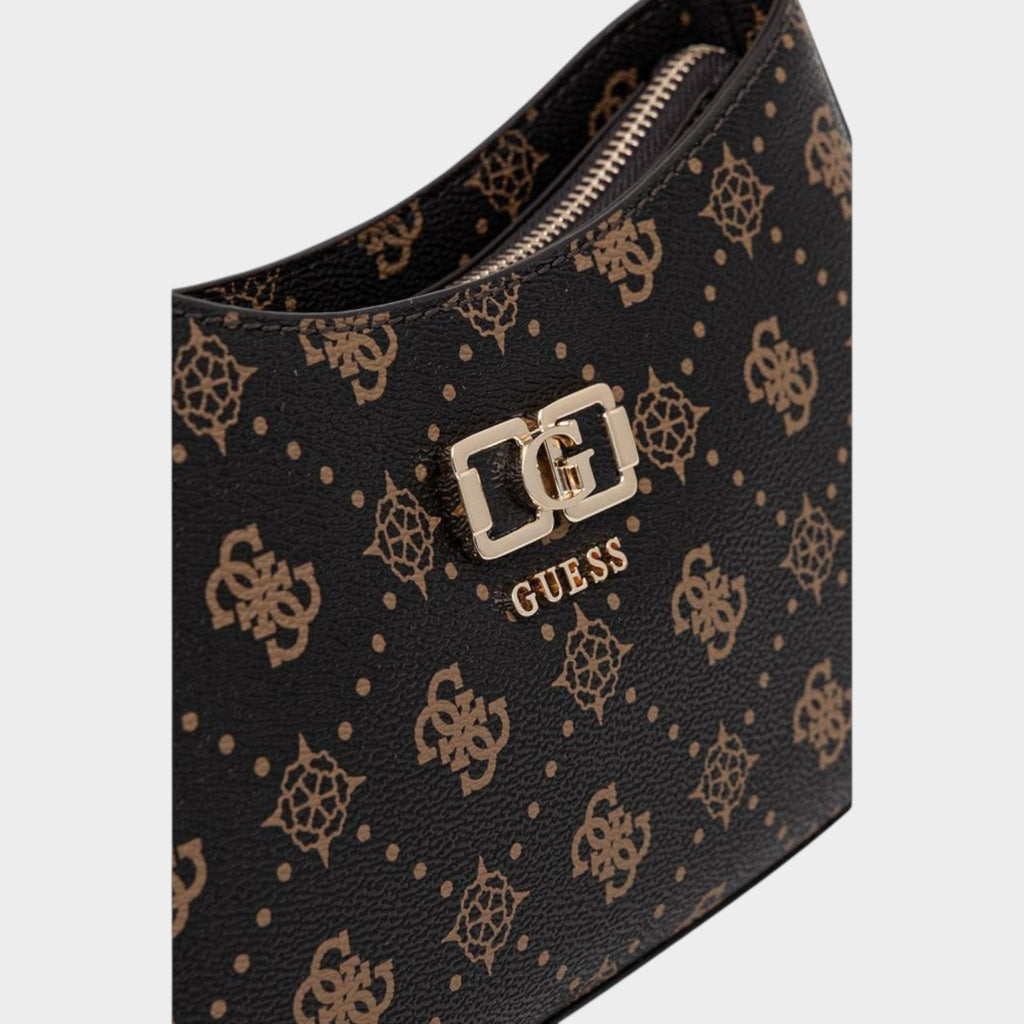 Esmire & Co brown Guess handbag with all-over logo pattern, gold-tone metal hardware, and zip closure.