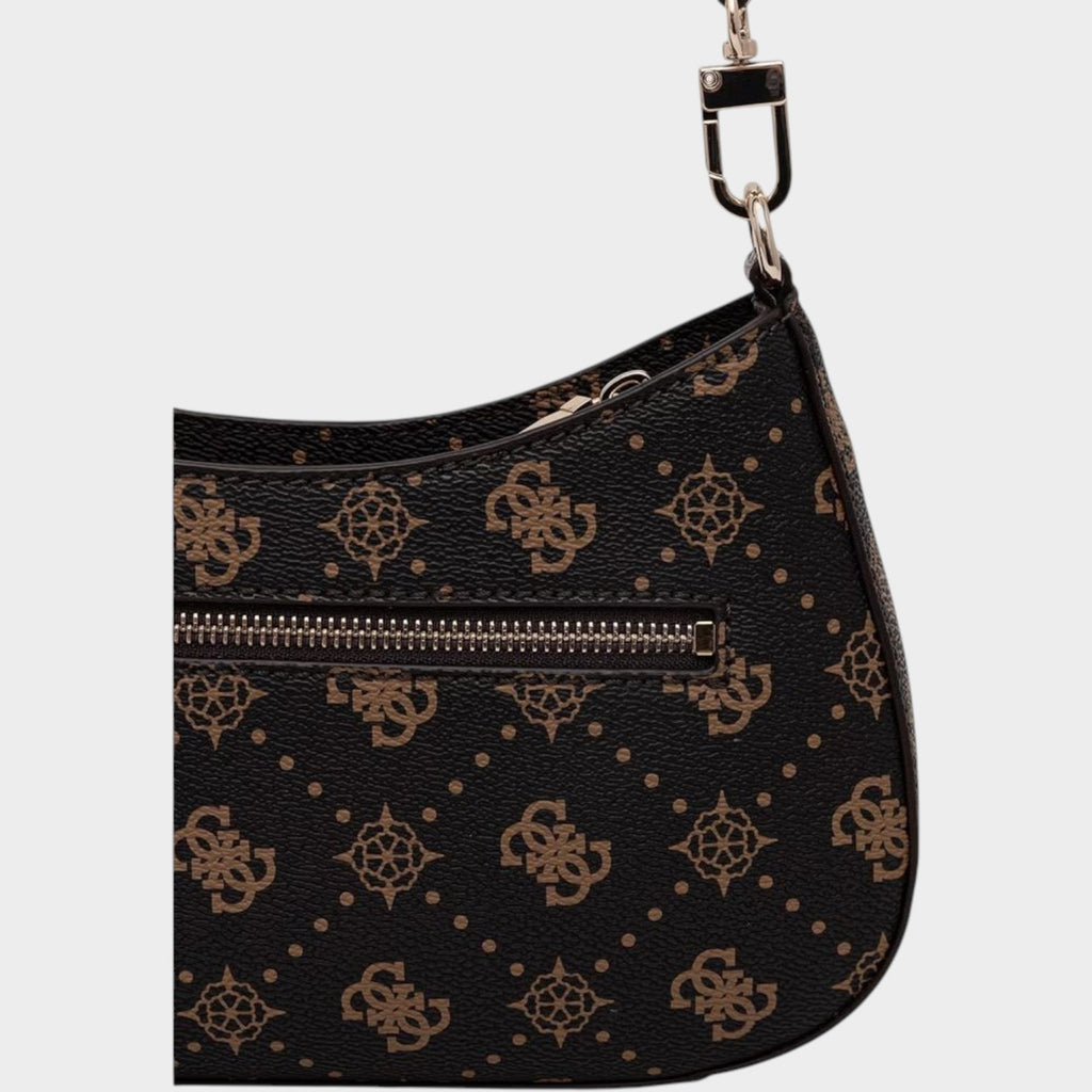 Esmire & Co brown Guess handbag with all-over logo pattern, gold-tone zipper detail, and structured polyurethane design