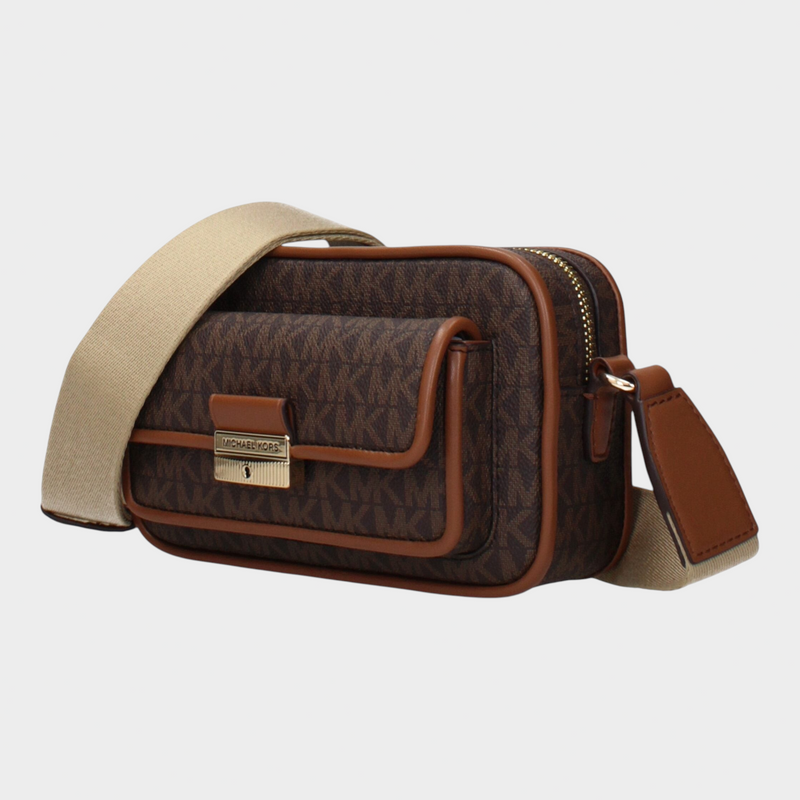 Esmire & Co brown Michael Kors logo print fabric crossbody bag with adjustable beige shoulder strap