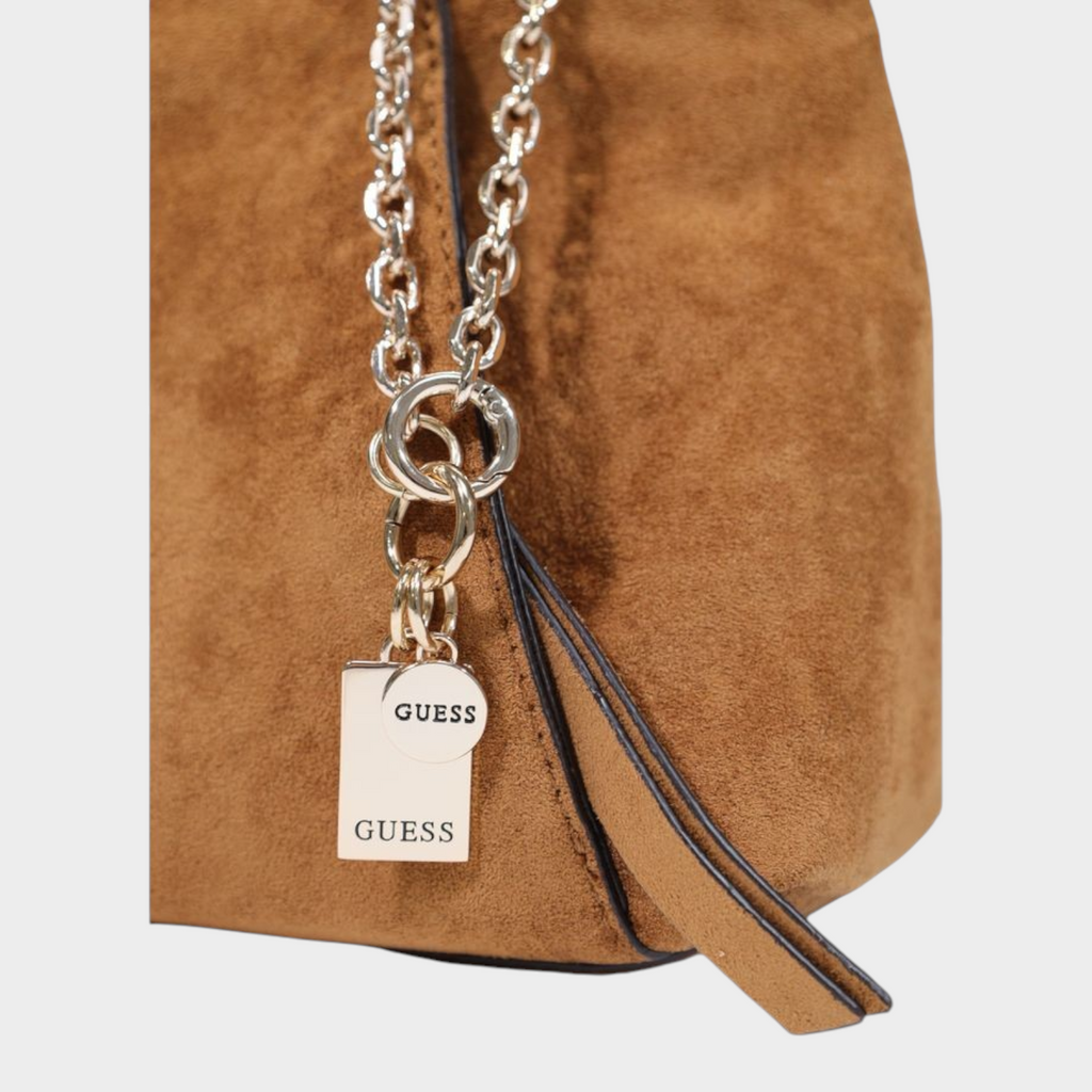 Esmire & Co brown polyester handbag with suede-effect texture, silver chain charm, and Guess logo tag detail.