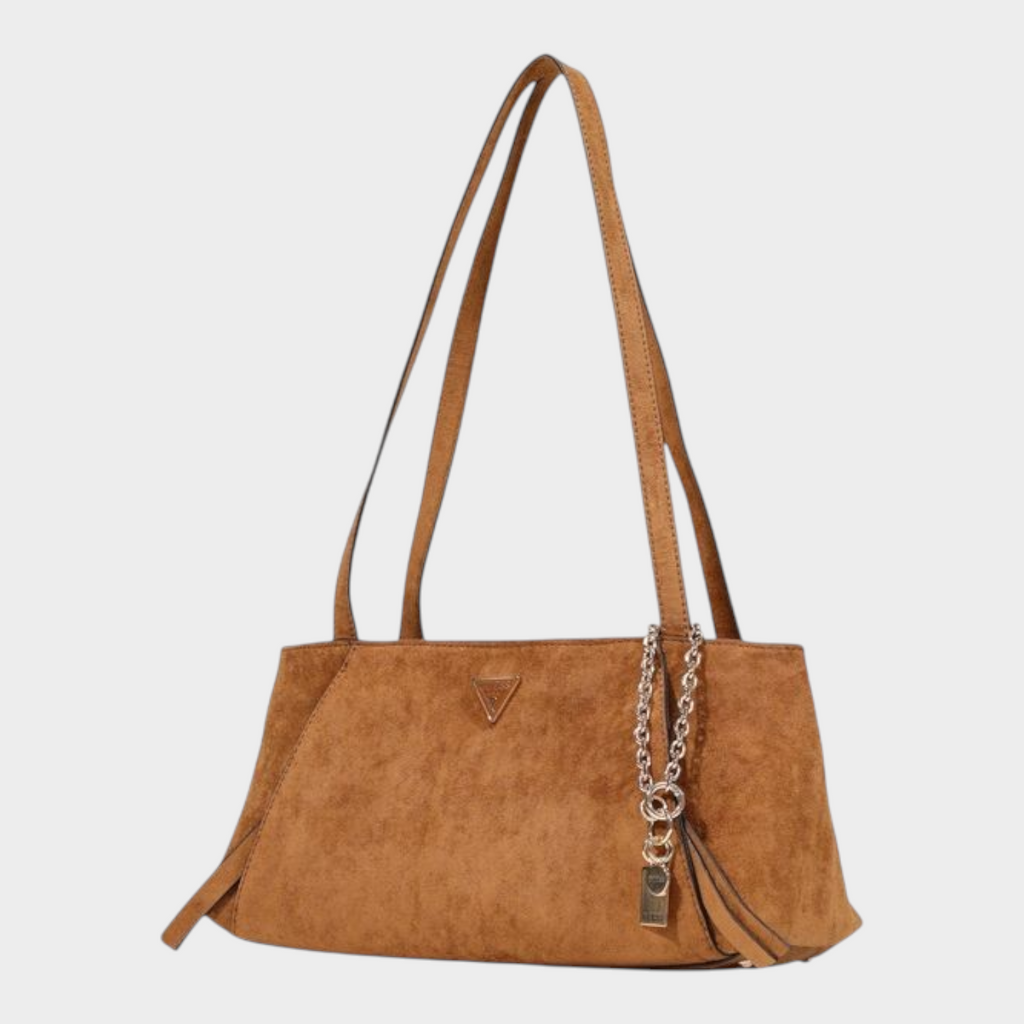 Esmire & Co brown polyester handbag with suede-effect texture, double shoulder handles, and metallic chain charm.