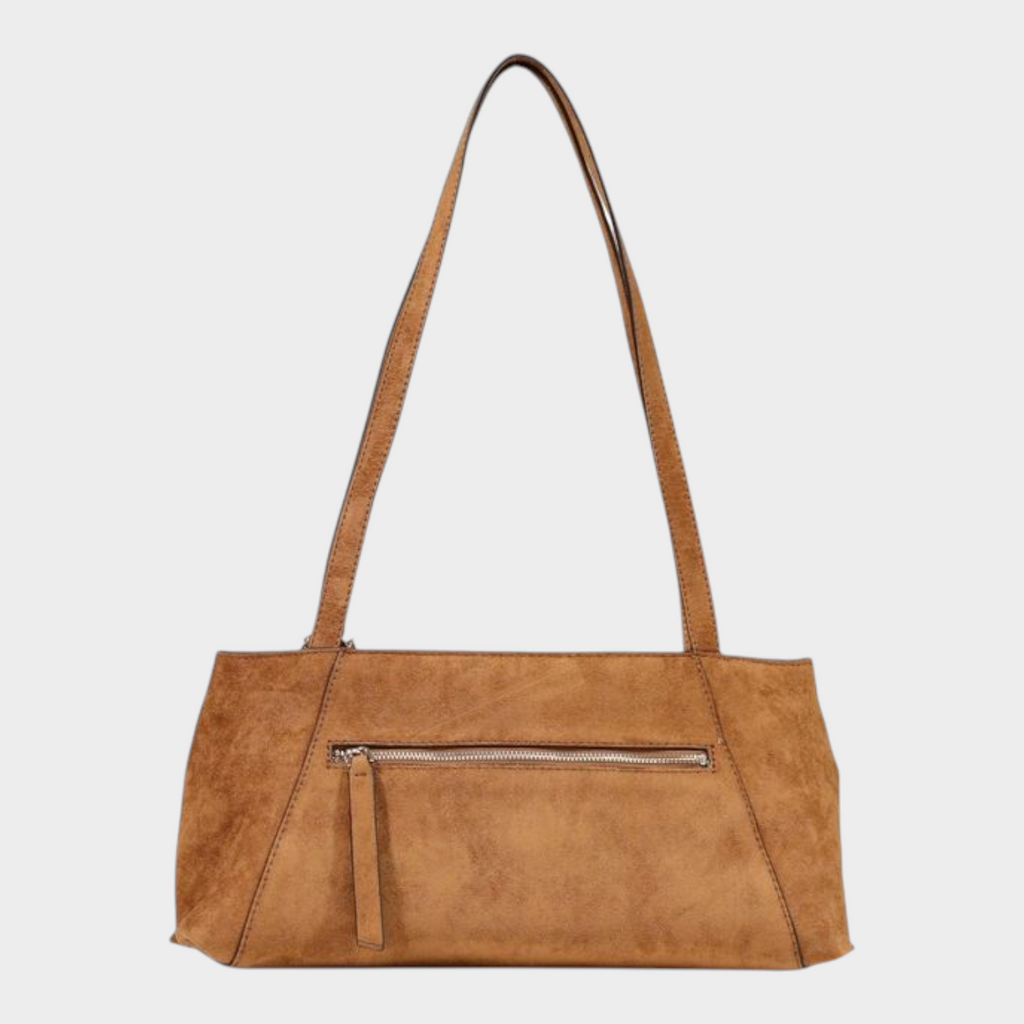 Esmire & Co brown polyester handbag with a suede-effect texture, long shoulder straps, and a front zipper pocket.