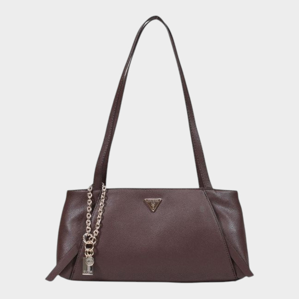 Esmire & Co brown polyurethane Guess Lucci girlfriend satchel handbag with gold-tone chain charm and metal logo