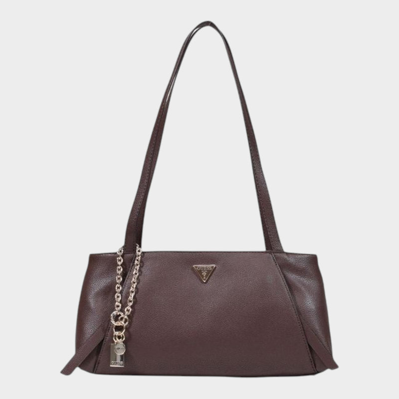 Esmire & Co brown polyurethane Guess Lucci girlfriend satchel handbag with gold-tone chain charm and metal logo