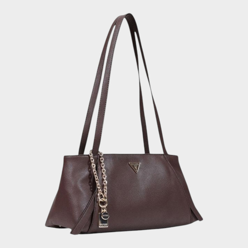 Esmire & Co brown textured polyurethane handbag with double handles, Guess metal logo, and gold-tone chain charm.