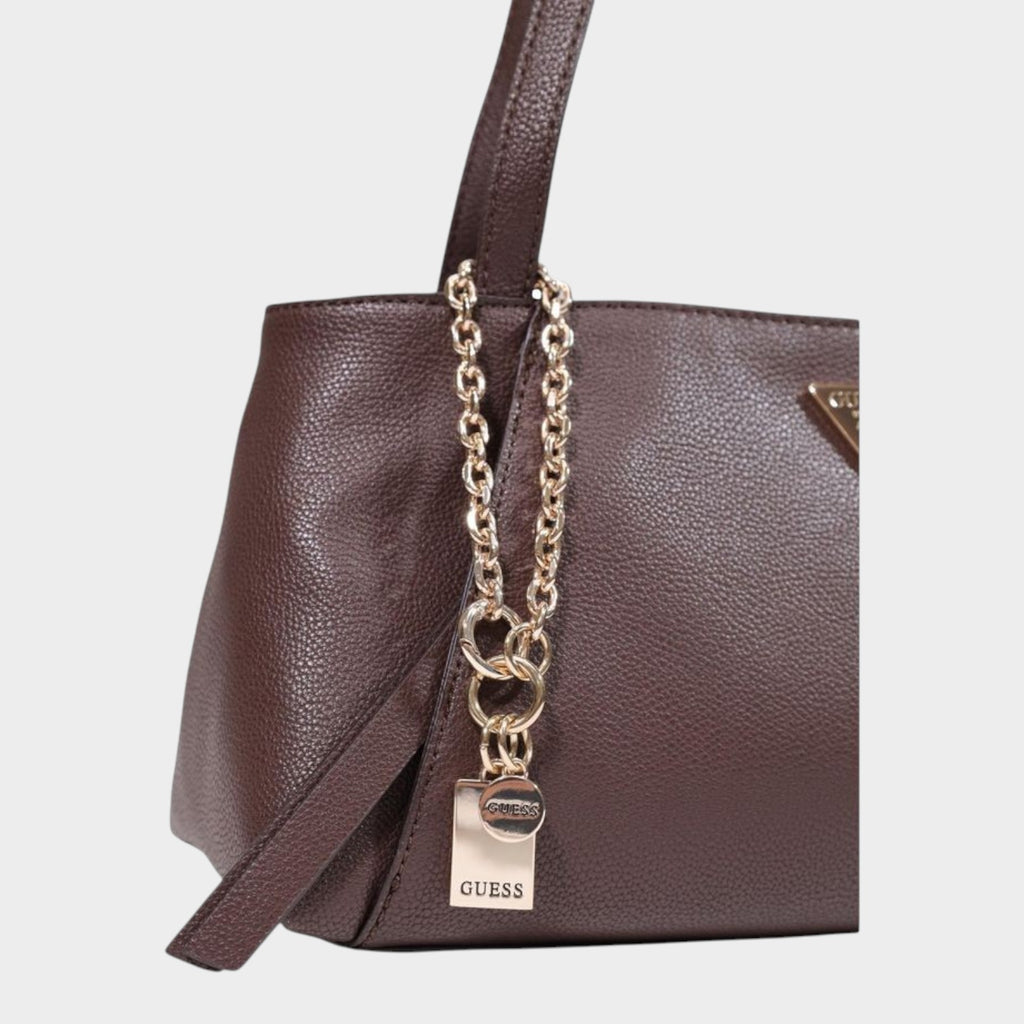 Esmire & Co brown textured polyurethane handbag with gold-tone chain charm and Guess logo detail
