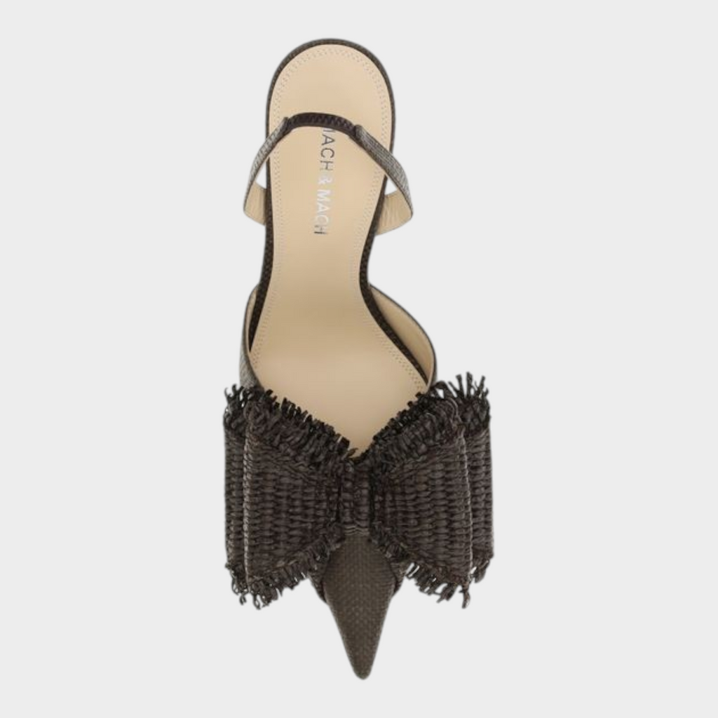 Esmire & Co MACH & MACH brown raffia slingback pumps with a large fringed bow detail and almond toe