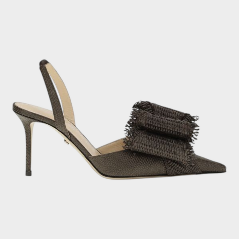 Esmire & Co brown raffia slingback pumps with a large textured bow, almond toe, and stiletto heel.