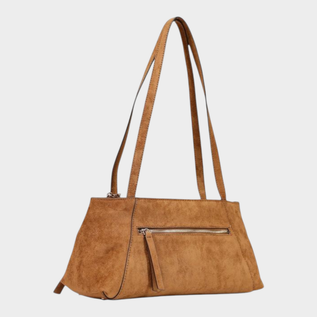 Esmire & Co brown suede-effect polyester handbag with long shoulder straps and a zippered side pocket.