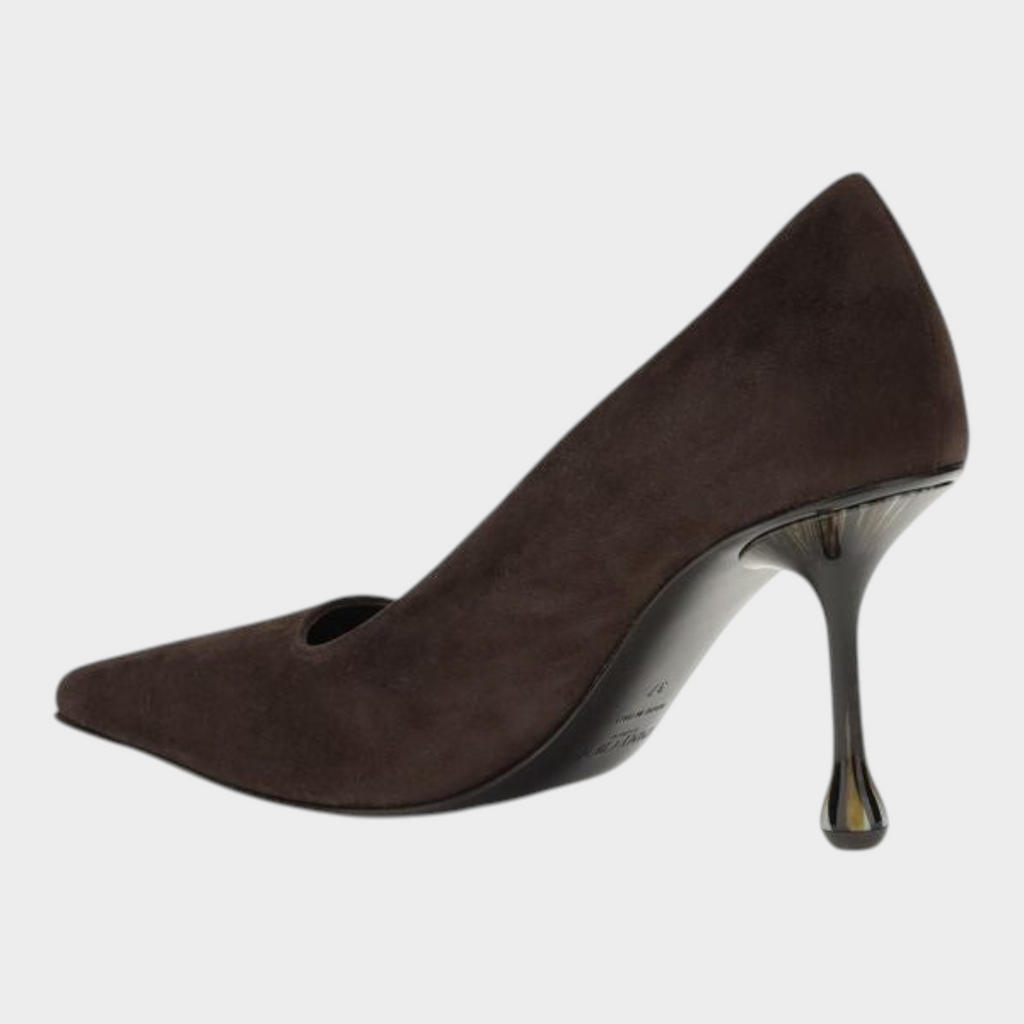 Esmire & Co brown suede Ixia pumps with a pointed toe and unique sculptural drop heel, side view.