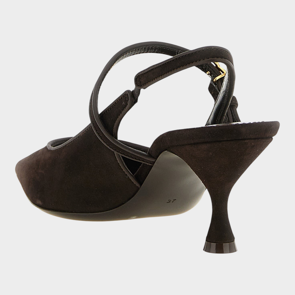 Esmire & Co Dolce & Gabbana brown suede slingback pumps with a 6cm sculpted heel and gold DG monogram detail.