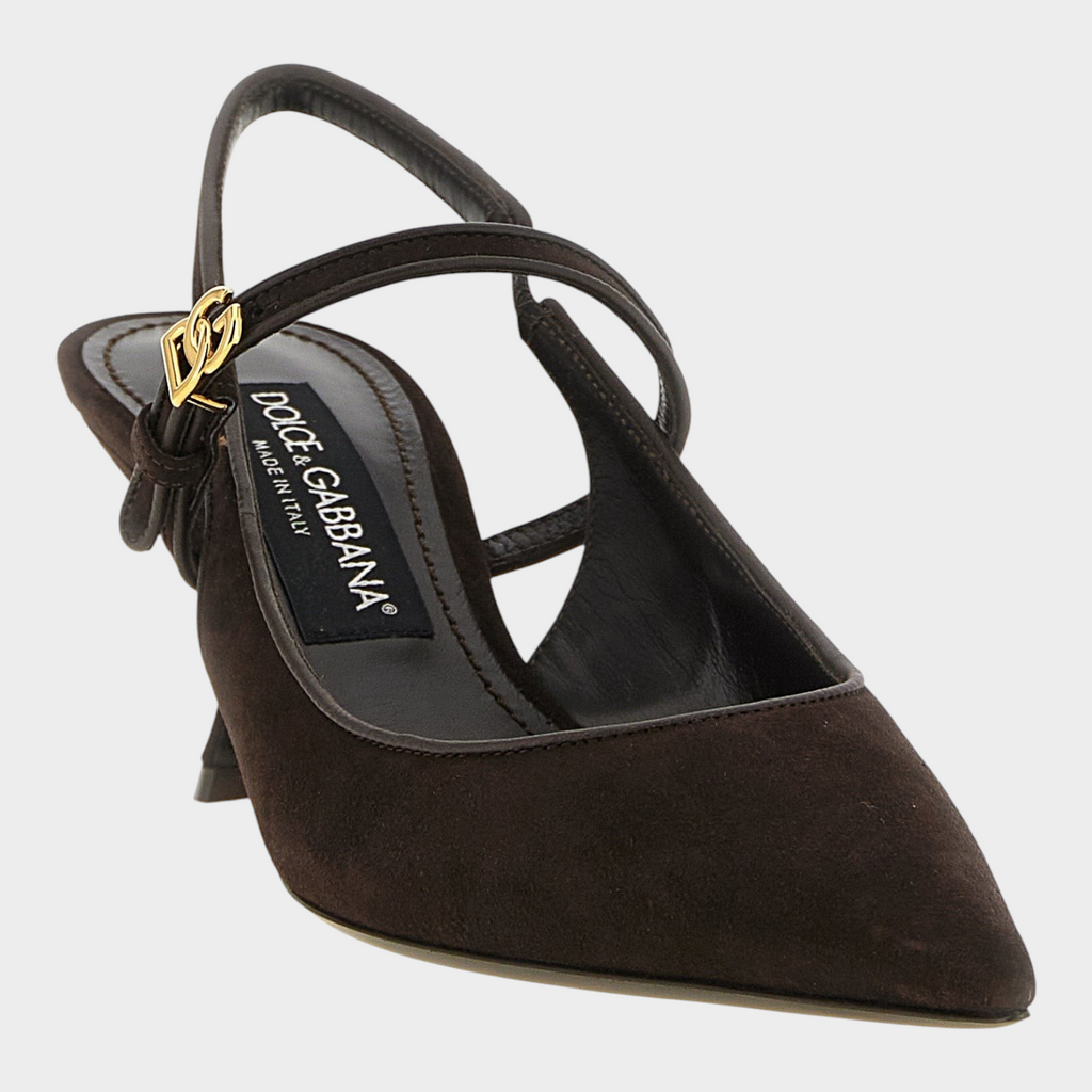 Esmire & Co Dolce & Gabbana brown suede slingback pumps with gold DG monogram, tapered toe, and sculpted mid heel.