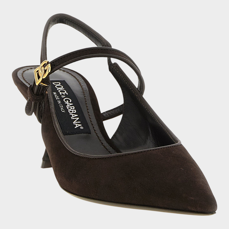 Esmire & Co Dolce & Gabbana brown suede slingback pumps with gold DG monogram, tapered toe, and sculpted mid heel.
