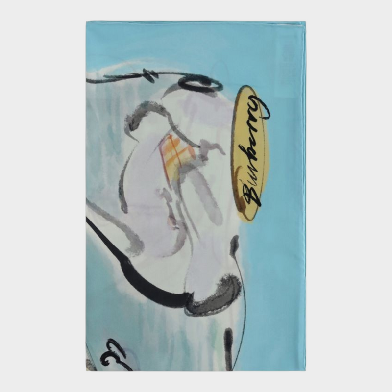 Esmire & Co Burberry Swan Lake silk scarf featuring a watercolour-effect print of a swan on a light blue background.