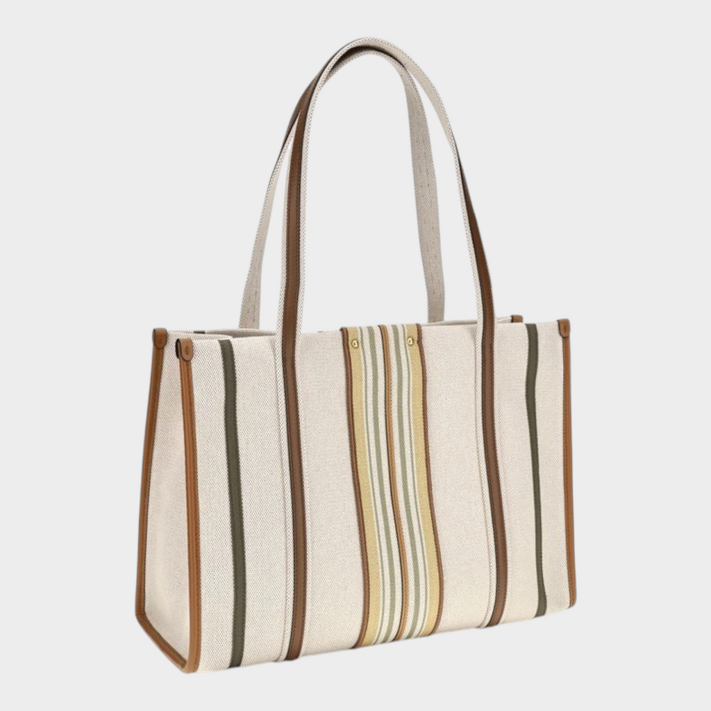 Esmire & Co Chloé Woody Loop beige cotton canvas shoulder bag with brown leather trim and striped vertical details.