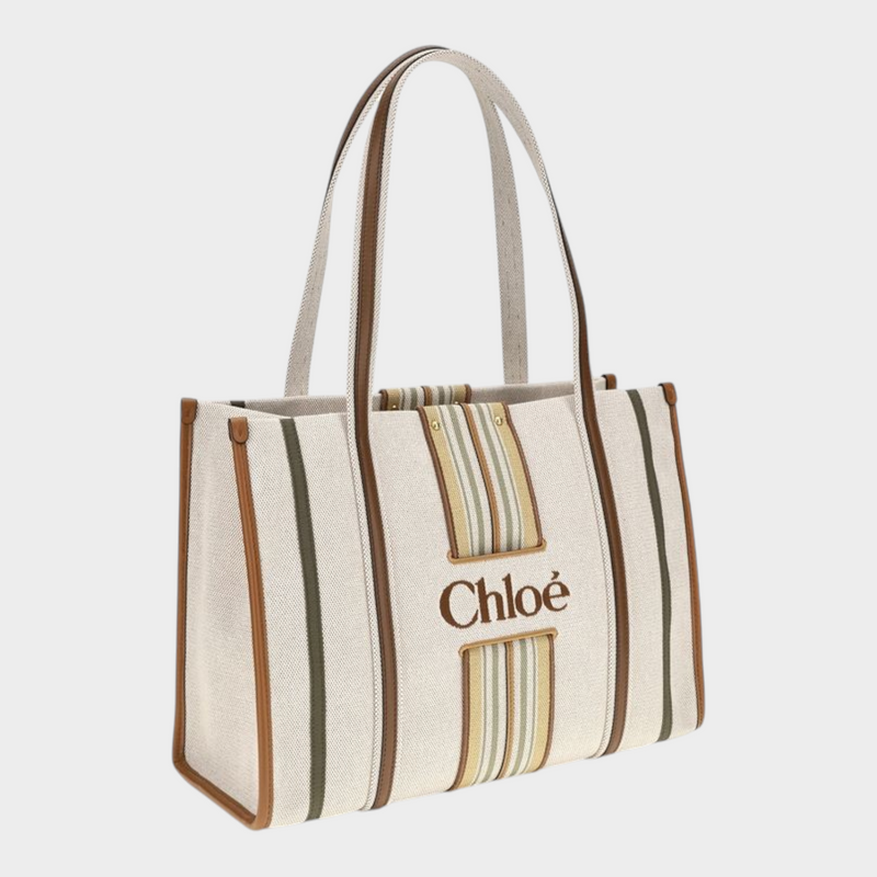 Esmire & Co Chloé beige cotton canvas Woody tote bag with brown leather trim, striped detailing, and logo embroidery.