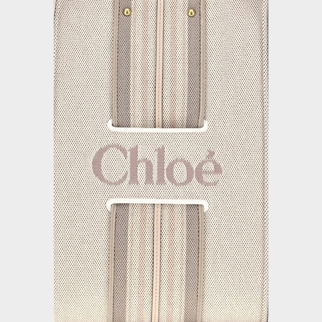 Esmire & Co Chloé Woody beige cotton canvas tote bag with embroidered logo and striped calfskin leather trim detail