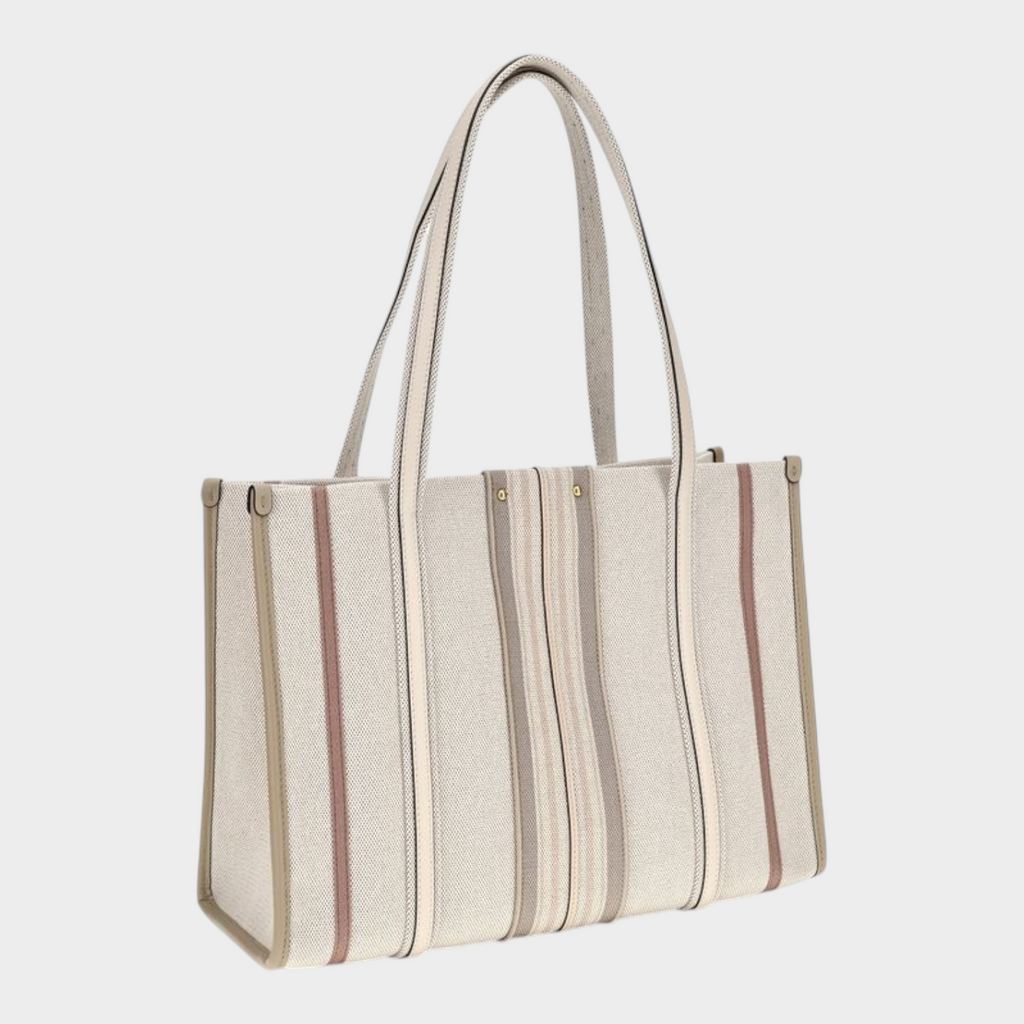 Esmire & Co Chloé beige cotton canvas shoulder bag with striped leather trim and vertical belt detail