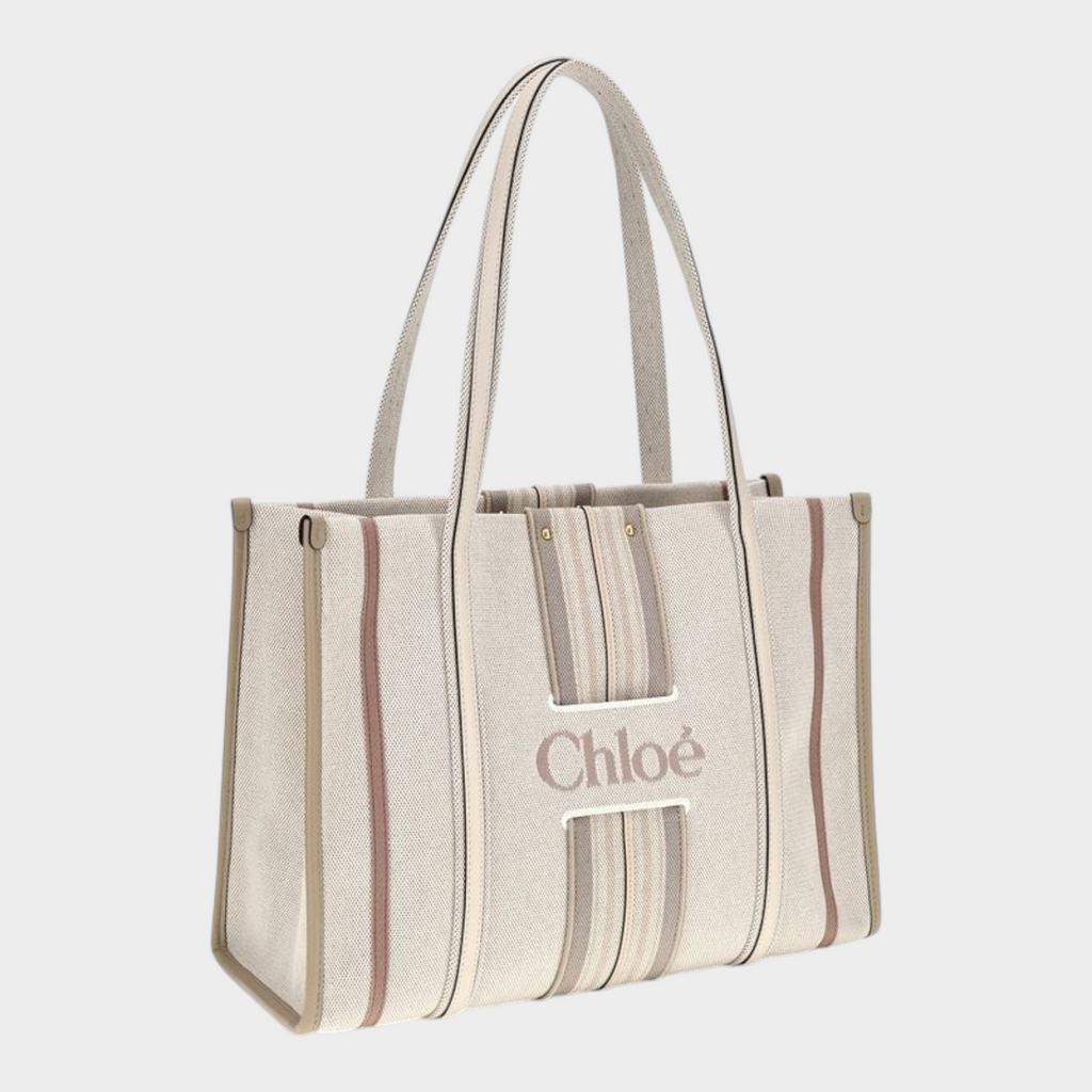 Esmire & Co Chloé beige cotton canvas Woody tote bag with leather trim and embroidered logo