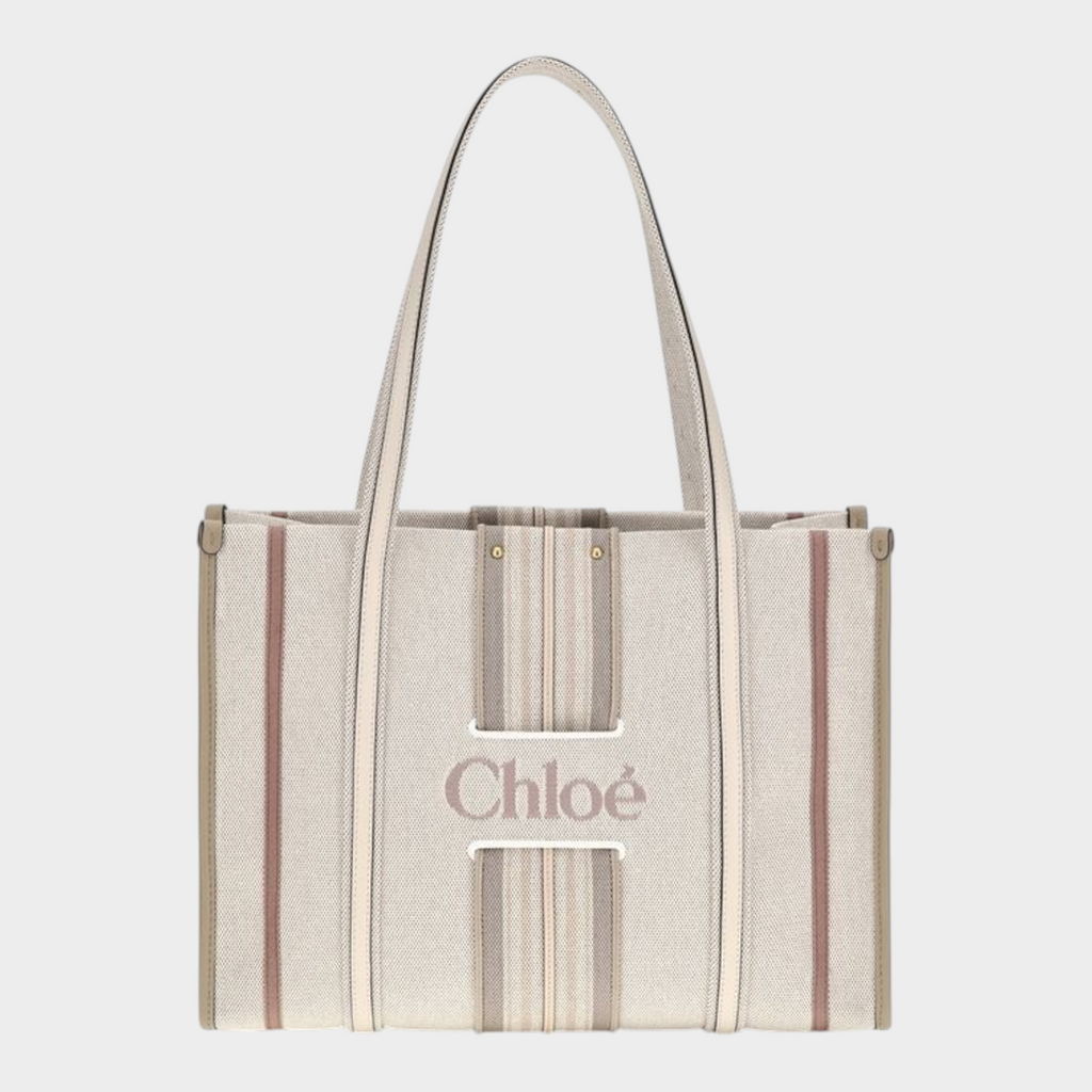 Esmire & Co Chloé beige cotton canvas Woody Loop tote bag with leather trim and embroidered logo front detail.