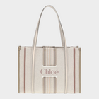 Esmire & Co Chloé beige cotton canvas Woody Loop tote bag with leather trim and embroidered logo front detail.
