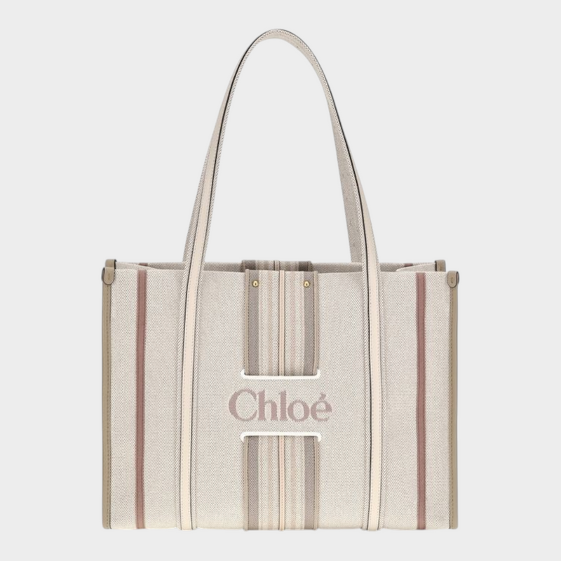 Esmire & Co Chloé beige cotton canvas Woody Loop tote bag with leather trim and embroidered logo front detail.