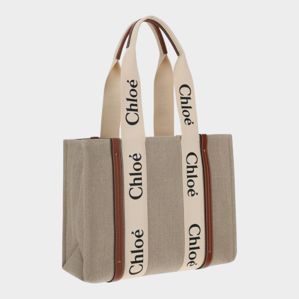 Esmire & Co Chloé Woody beige linen shoulder bag with brown leather trim and iconic logo canvas handles