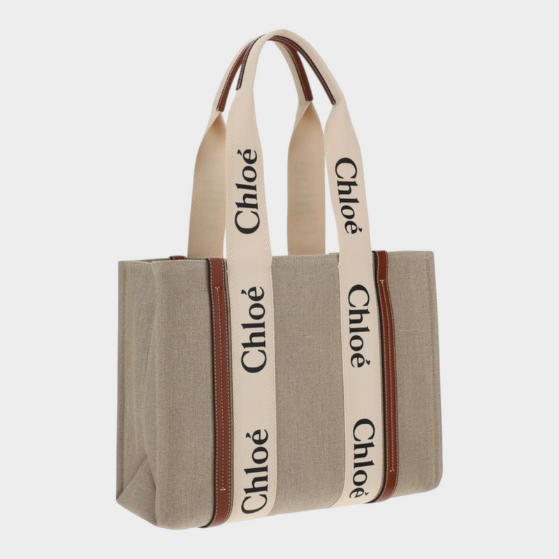 Esmire & Co Chloé Woody beige linen shoulder bag with brown leather trim and iconic logo canvas handles