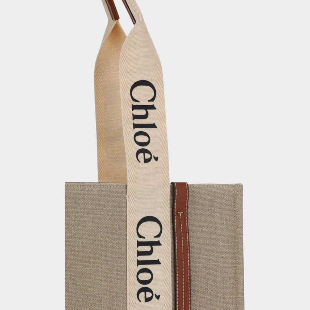 Esmire & Co Chloé Woody beige linen handbag with iconic logo canvas straps and brown leather trim details