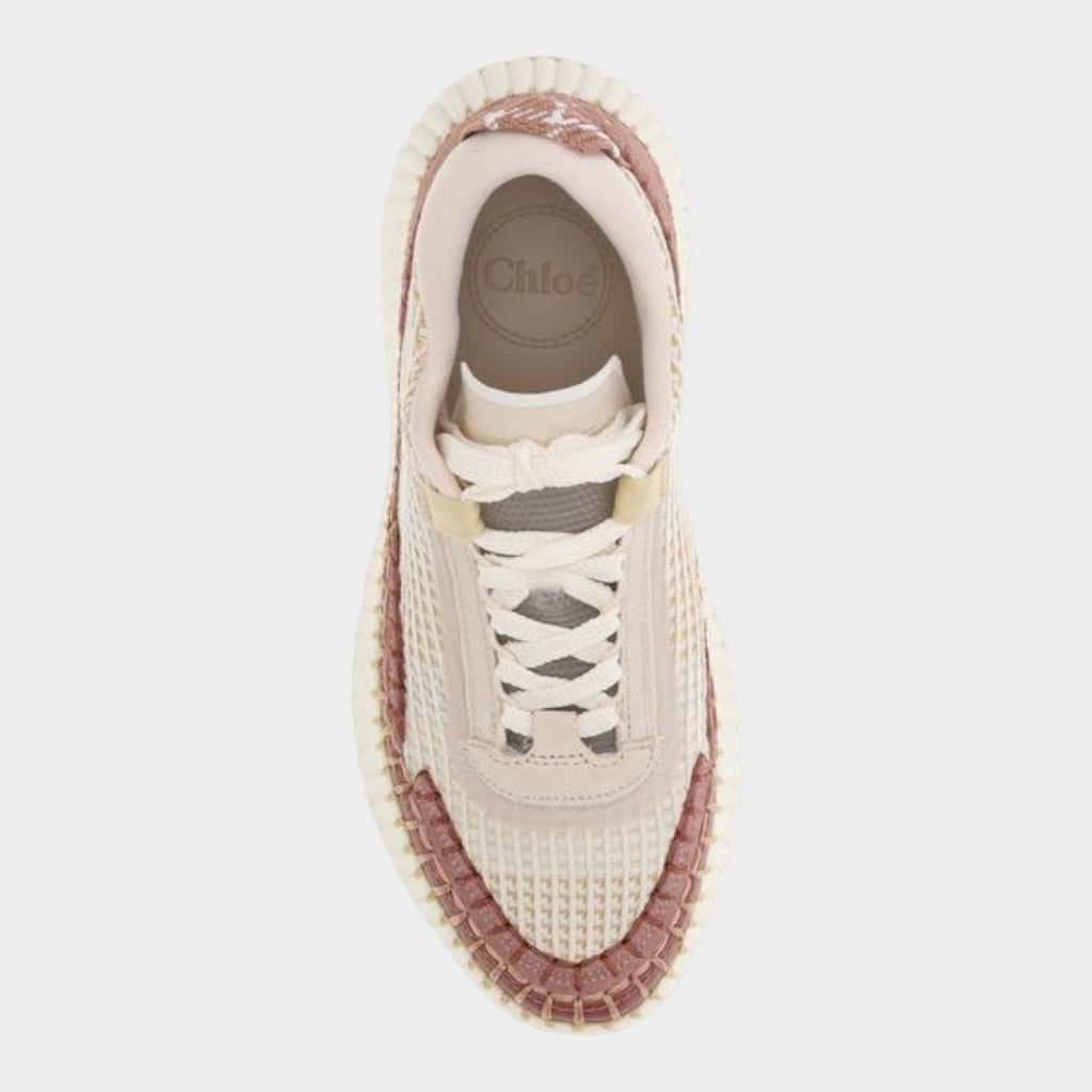 Esmire & Co Chloé Nama chunky sneakers in beige and pink recycled nylon with a textured sole and lace-up front.