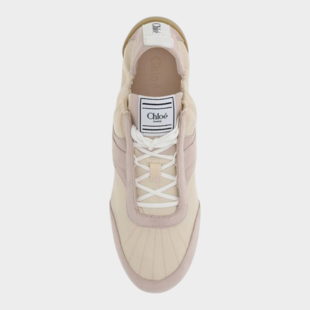 Esmire & Co Chloé beige nylon and suede athletic sneakers with lace-up closure and boxing-style tongue label