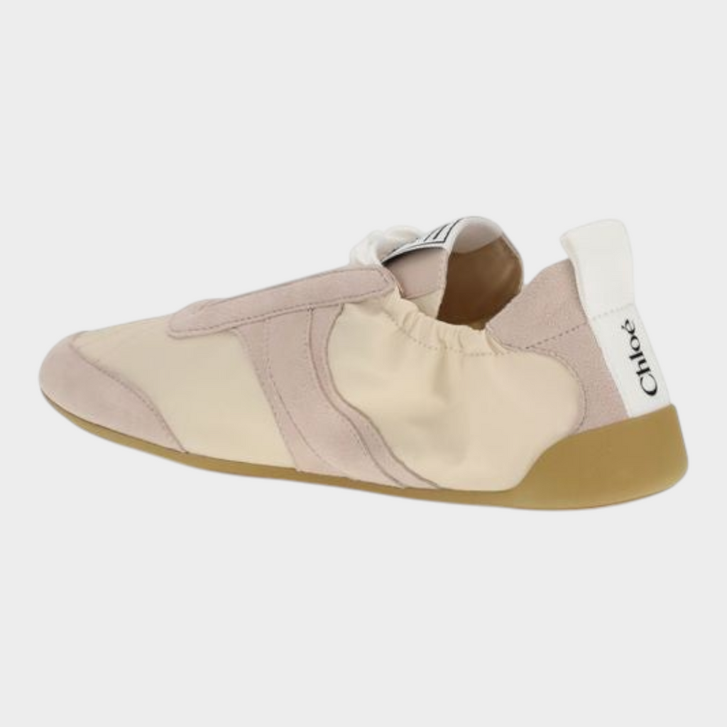 Esmire & Co Chloé beige nylon and suede athletic sneakers with a flexible rubber sole and side logo detail.