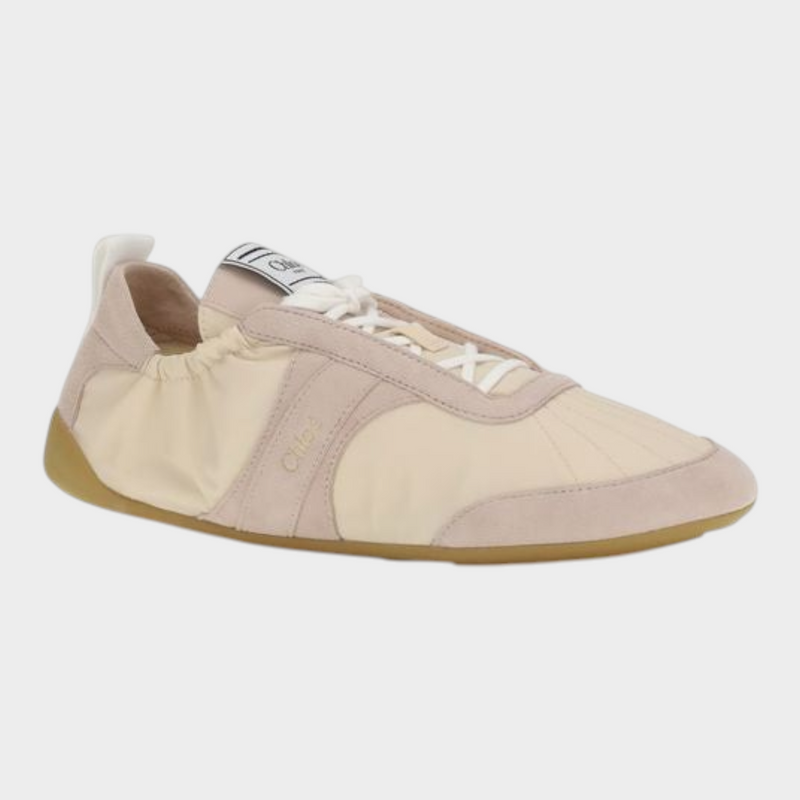Esmire & Co Chloé beige nylon and suede athletic sneakers with a flexible rubber sole and boxing-inspired tongue label.