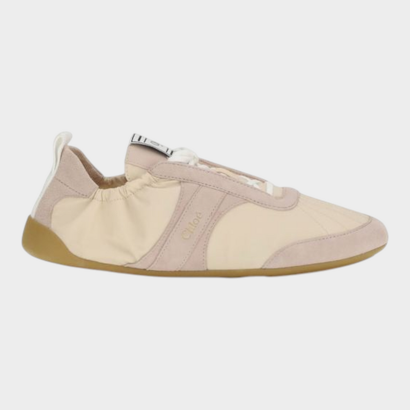Esmire & Co Chloé beige nylon and suede athletic sneakers with a flexible rubber sole and lace-up closure.
