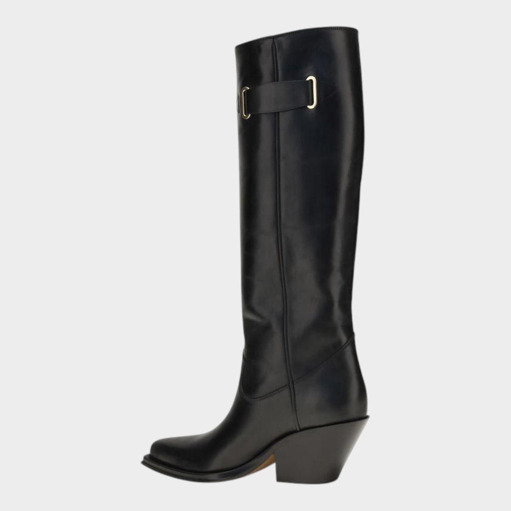 Esmire & Co Chloé black calf leather over-the-knee boots with a pointed toe and sculpted Western-inspired heel.